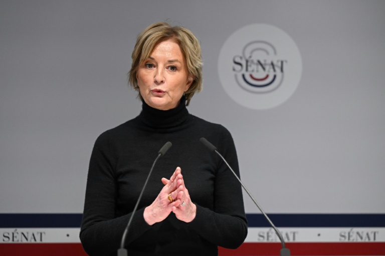 La sénatrice Elisabeth Doineau s'adresse à la presse au Sénat, à Paris, le 28 février 2023