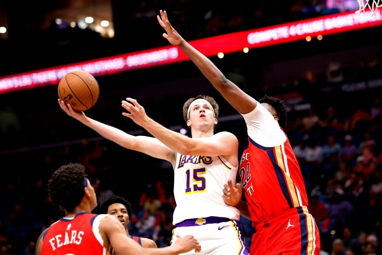 Austin Reaves (c) lors du match NBA des Los Angeles Lakers contre les New Orleans Pelicans, le 14 novembre 2025 à La Nouvelle Orléans