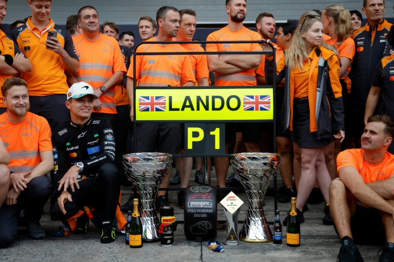Lando Norris (accroupi, 2e à partir de la gauche) 2nd-L) et son équipe célèbrent la victoire du pilote McLaren dans le Grand Prix du Brésil le 9 novembre 2025 à Interlagos