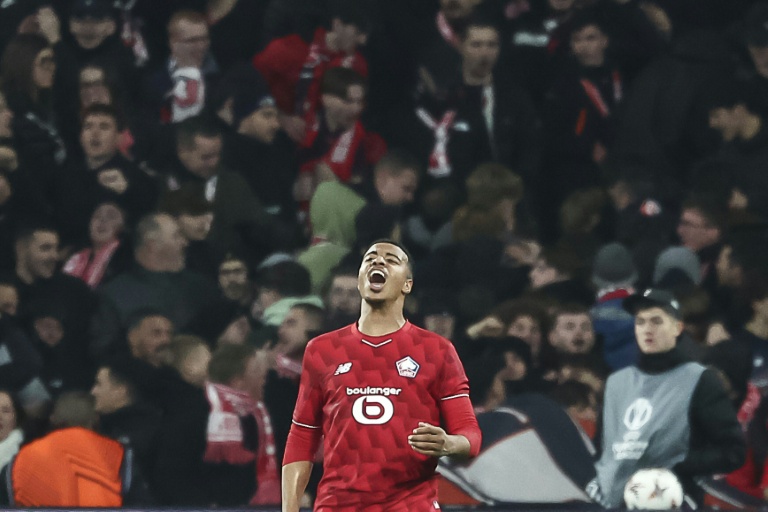 L'attaquant marocain de Lille Hamza Igamane après son but contre le Dinamo Zagreb en Ligue Europa au stade Pierre Mauroy