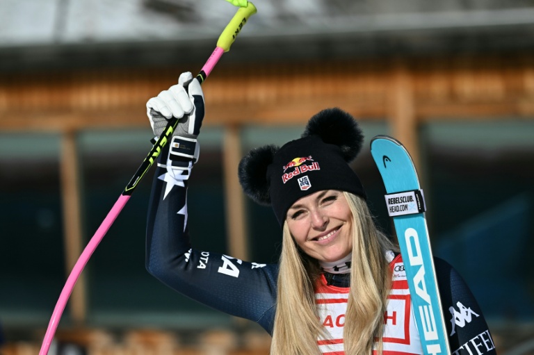 Lindsey Vonn après sa victoire dans la descente de St Moritz, le 12 décembre 2025