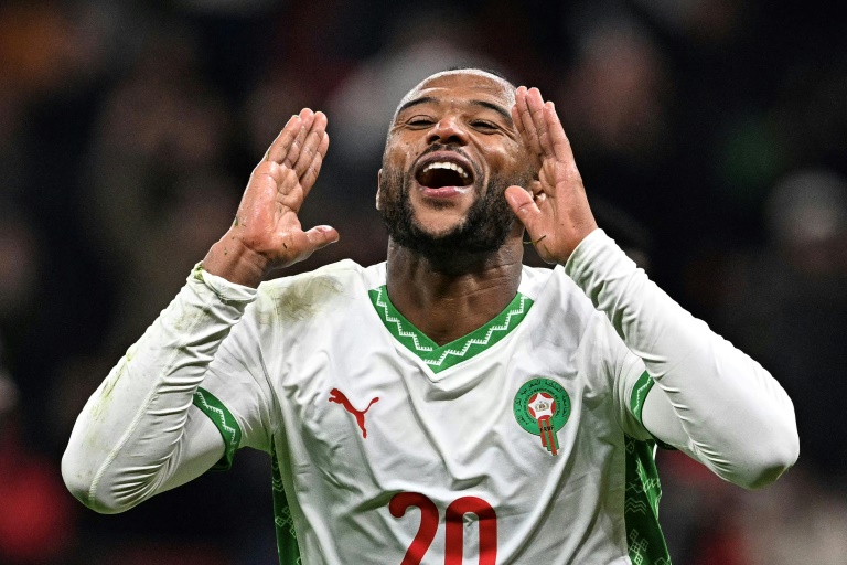 Le Marocain Ayoub El Kaabi après un nouveau retourné acrobatique réussi, face à la Zambie, lors de la CAN, le 29 décembre 2025 à Rabat