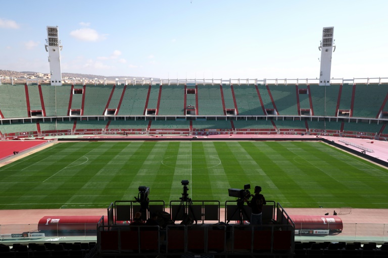 Vue générale de la pelouse du grand stade d'Agadir, l'une des enceintes de la Coupe d'Afrique des nations, le 20 décembre 2025