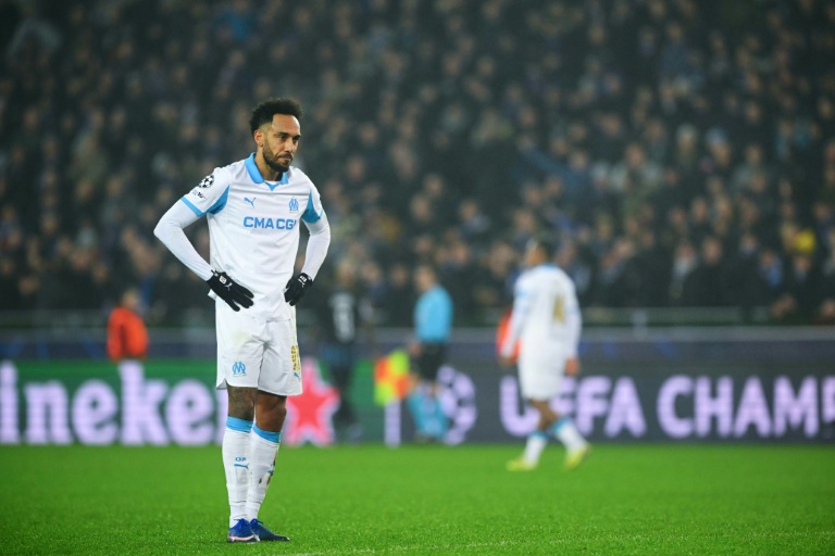 L'attaquant de l'OM Pierre-Emerick Aubameyang incrédule à l'issue de la défaite inattendue de son équipe à Bruges, le 28 janvier 2026