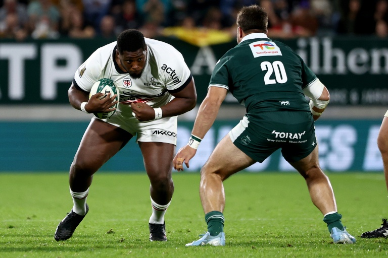 Le pilier droit du Stade toulousain Georges Henri Colombe (G) lors d'un match du Top 14 contre Pau le 18 octobre 2025