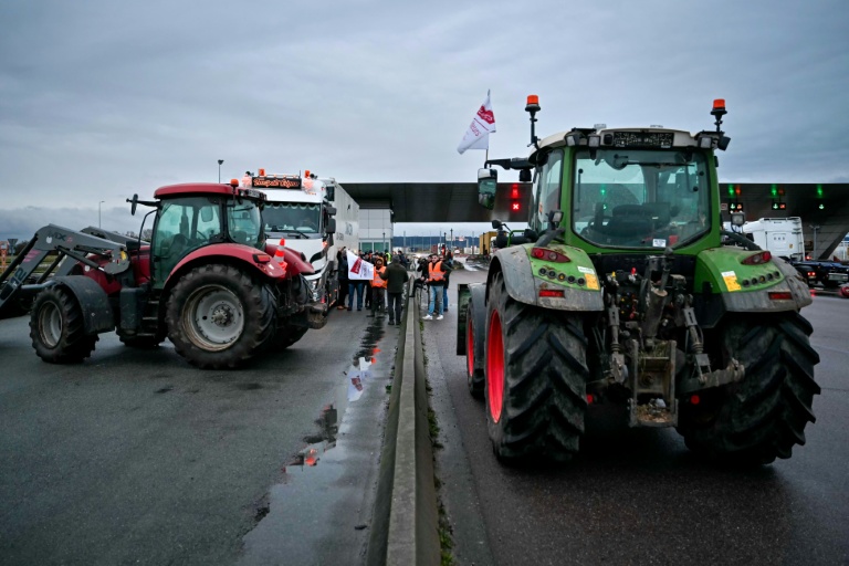 Des agriculteurs inspectent des camions transportant des produits étrangers lors d'une manifestation au port du Havre contre l'accord Mercosur, le 12 février 2025