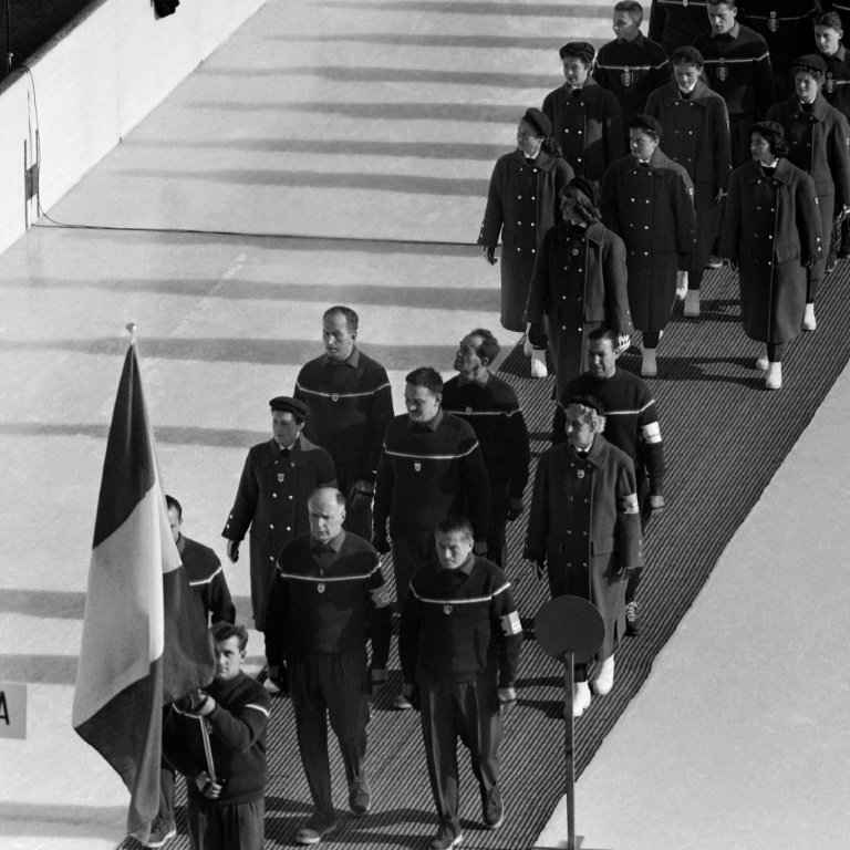 La délégation française lors de la cérémonie d'ouverture des JO-1956 de Cortina le 28 janvier 1956