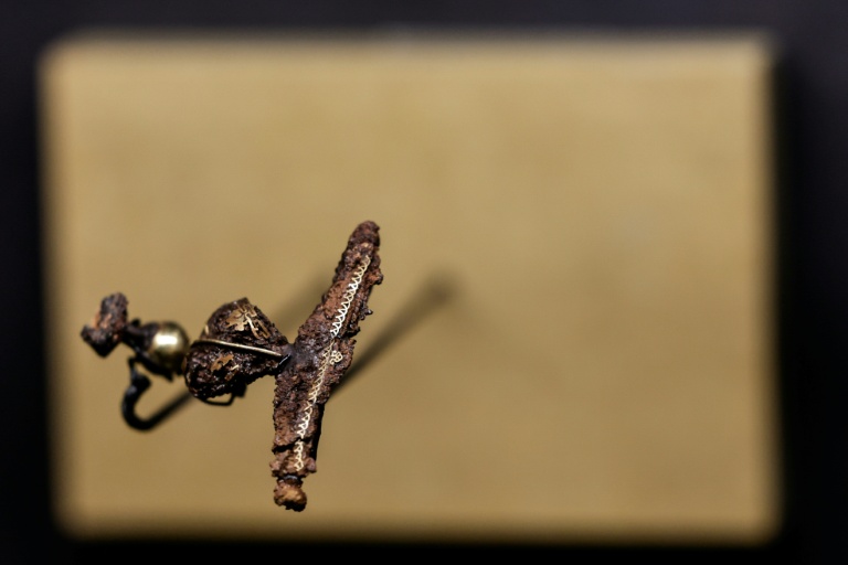 Un des objets retrouvés dans la tombe d'un prince celte à Lavau et présentés au musée d'art moderne de Troyes, le 22 janvier 2026