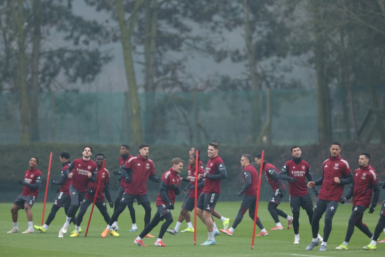 Les joueurs d'Arsenal à l'entraînement à la veille de leur match de Ligue des champions contre l'Inter Milan le 19 janvier 2026 à London Colney