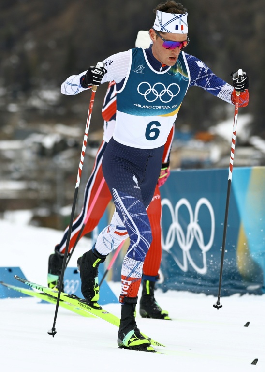 Mathis Desloges lors de la mass start (50km) des Jeux olympiques de Milan Cortina, le 21 février 2026 à Tesero