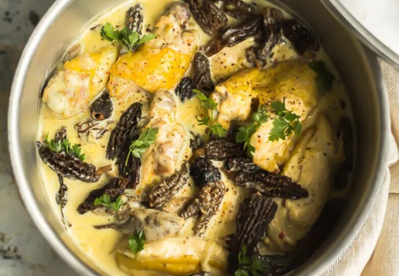 Le poulet au vin jaune et aux morilles 