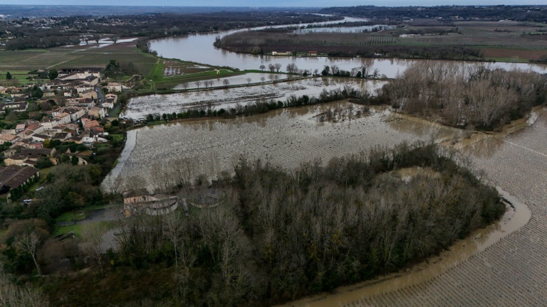 Vue aérienne des inondations le long de la Garonne, au Portets, près de Bordeau, le 5 février 2026 en Gironde