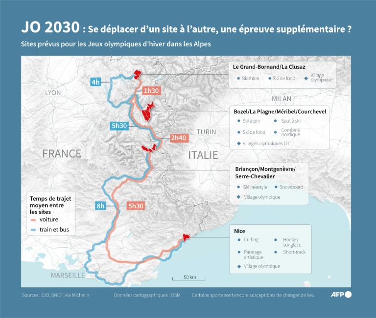 Carte des sites prévus pour les Jeux olympiques d'hiver de 2030 dans les Alpes françaises, augmentée des temps de trajet de l'un à l'autre