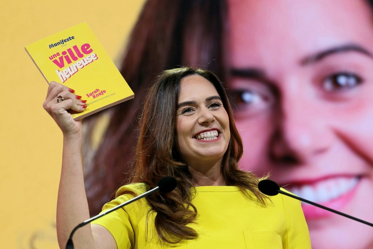 La candidate Reconquête! à la mairie de Paris, Sarah Knafo, le 9 mars 2026 au dôme de Paris