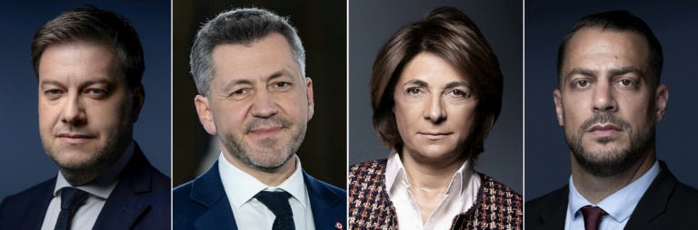 (g-d) Montage photos du 15 mars 2026 des candidats à la mairie de Marseille Benoît Payan (coalition de gauche), Franck Allisio (RN), Martine Vassal (LR) et Sébastien Delogu (LFI)