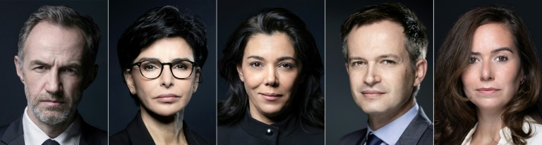 (g-d) Montage photos du 15 mars 2026 montrant les candidats à la mairie de Paris, Emmanuel Grégoire, Rachida Dati, Sophia Chikirou, Pierre-Yves Bournazel et Sraah Knafo