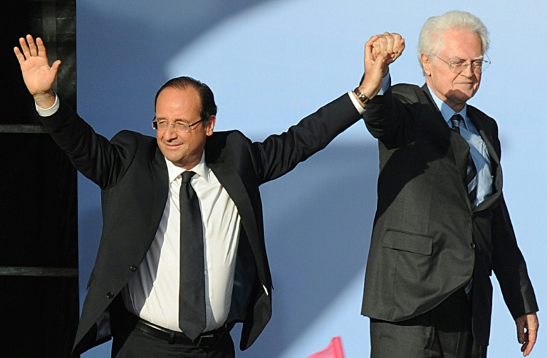 François Hollande et Lionel Jospin lors de la campagne pour l'élection présidentielle le 3 mai 2012 à Toulouse