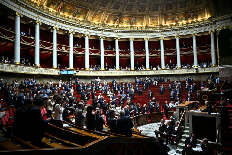 Les députés applaudissent à l'annonce de la libération et du retour en France de Cécile Kohler et Jacques Paris, le 7 avril 2026, à l'Assemblée nationale, à Paris