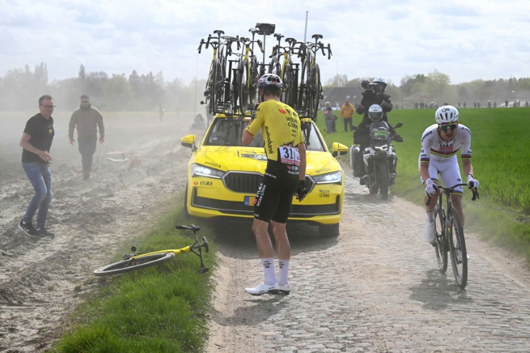Le Belge Wout van Aert, futur vainqueur, attend d'être dépanné tandis que Tadej Pogacar le dépasse, lors de Paris-Roubaix, le 12 avril 2026