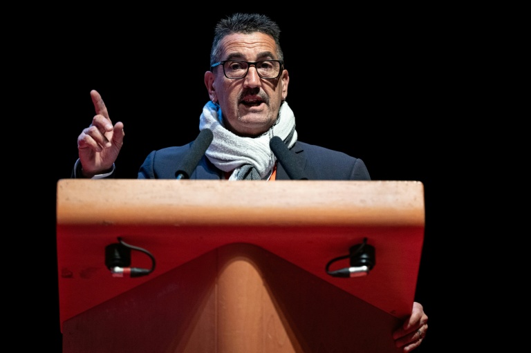 Le secrétaire général Frédéric Souillot lors du 26e congrès national du syndicat Force Ouvrière (FO) à Dijon, le 20 avril 2026 en Côte d'Or