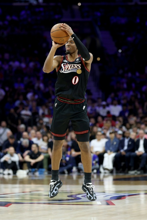 Tyrese Maxey lors du match de barrage NBA entre les Philadelphia 76ers et le Orlando Magic, le 15 avrils 2026 à Philadelphie