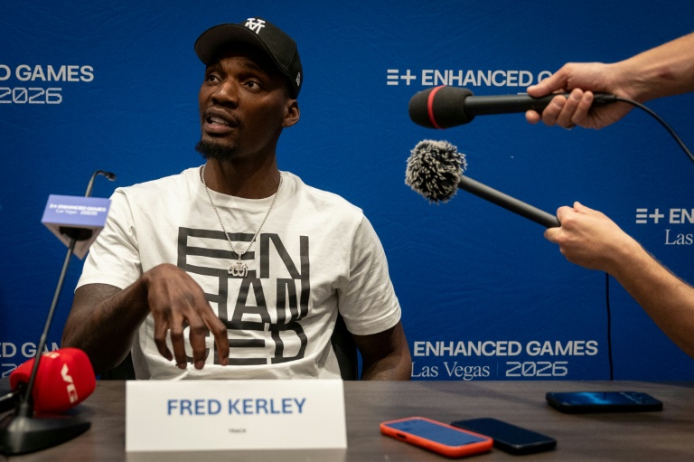 Le sprinter Fred Kerley en conférence de presse avant les Enhanced Games, le 22 mai 2026 à Las Vegas