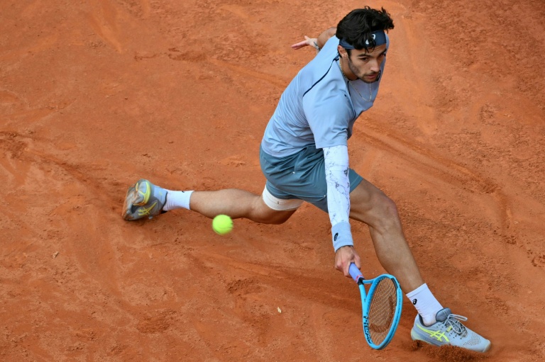 L'Italien Lorenzo Musetti, 10e mondial, au 3e tour du Masters 1000 de Rome contre l'Argentin Francisco Cerundolo le 10 mai 2026 au Foro Italico