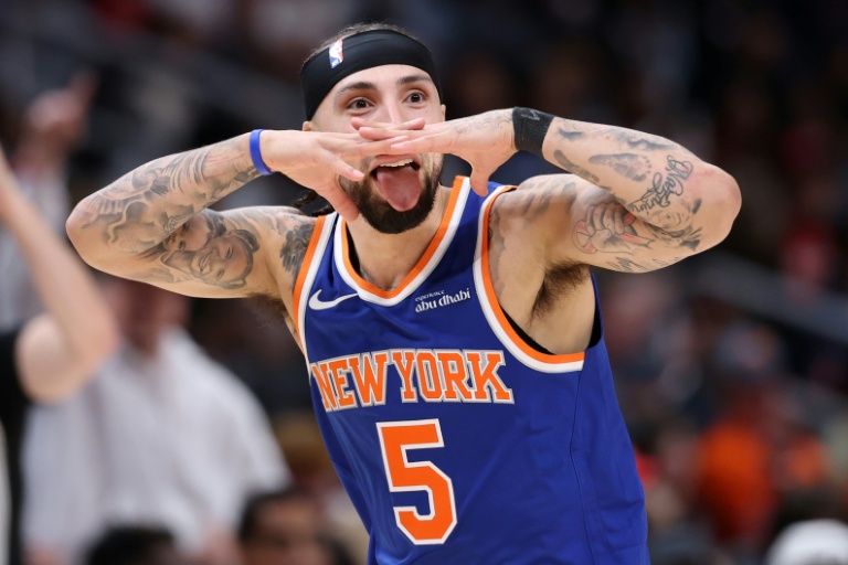 Jose Alvarado après avoir marqué un panier à trois points lors du match 6 du premier tour des play-offs de NBA entre les New York Knicks et les Atlanta Hawks, le 30 avril 2026 à Atlanta