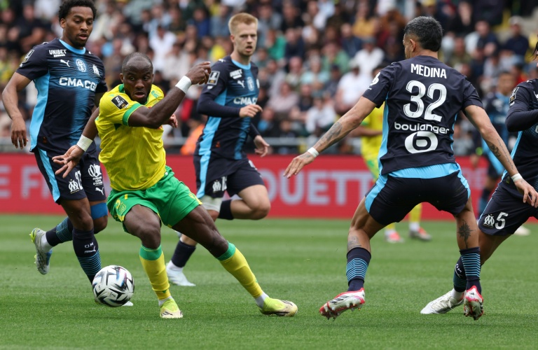 Ignatius Ganago, l'attaquant camerounais de Nantes, au cours du match de Ligue 1 contre Marseille le  2 mai 2026 au stade de La Beaujoire à Nantes