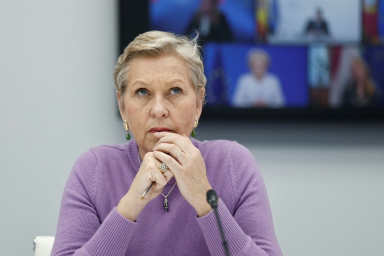 La ministre déléguée au Numérique, Anne Le Henanff, lors d'une réunion par vidéoconférence consacrée aux initiatives nationales et européennes visant à établir une majorité numérique pour accéder aux réseaux sociaux, le 16 avril 2026 à l'Elysée, à Paris