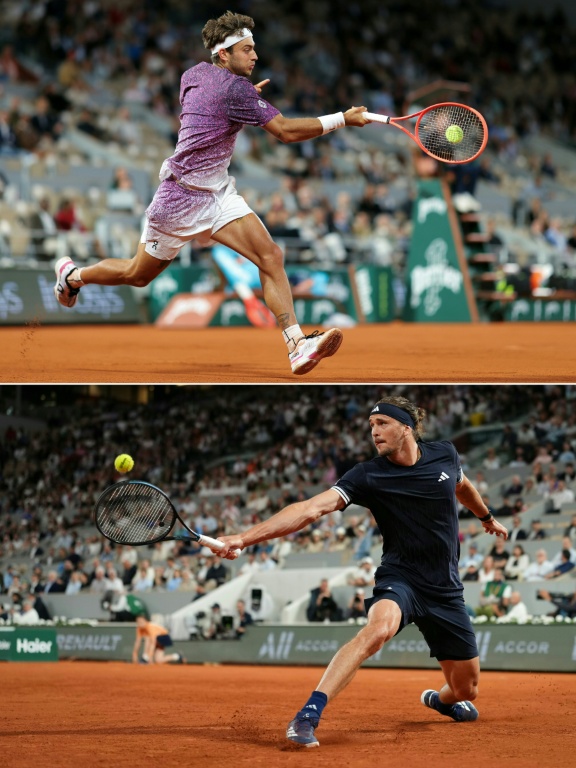 L'Italien Flavio Cobolli (en haut) et l'Allemand Alexander Zverev, opposés dimanche en finale de Roland-Garros