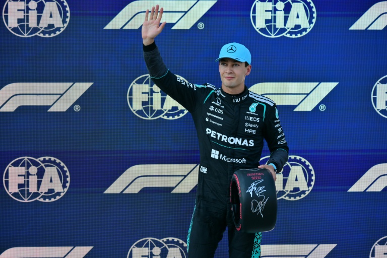 Le pilote britannique de Mercedes George Russell après avoir décroché la pole position du GP d'Autriche, le 27 juin 2026 à Spielberg