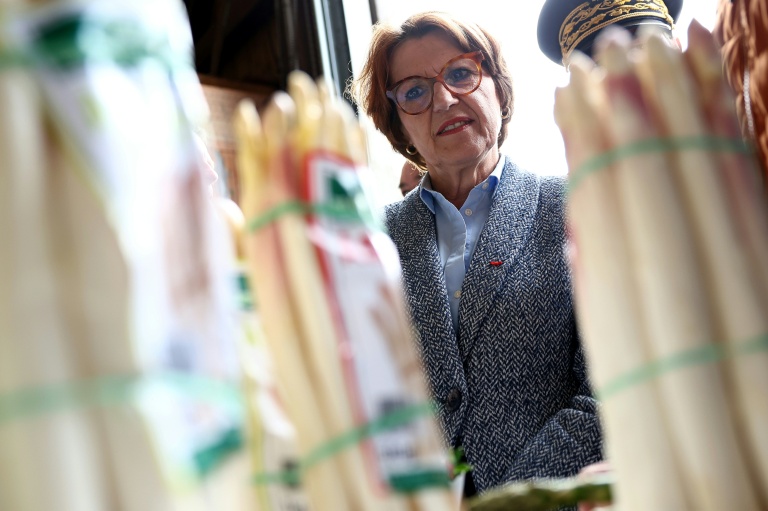 La ministre de l'Agriculture Annie Genevard viste une ferme biologique, le 22 mai 2025 à Niederstinzel, en Moselle