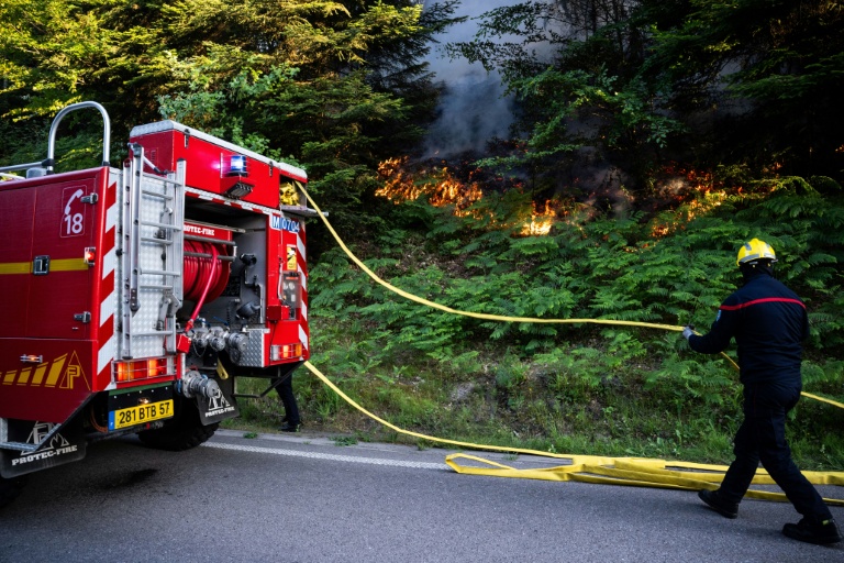 Un pompier en opération contre un feu de forêt à Bois-de-Champ, dans les Vosges, le 13 juin 2023