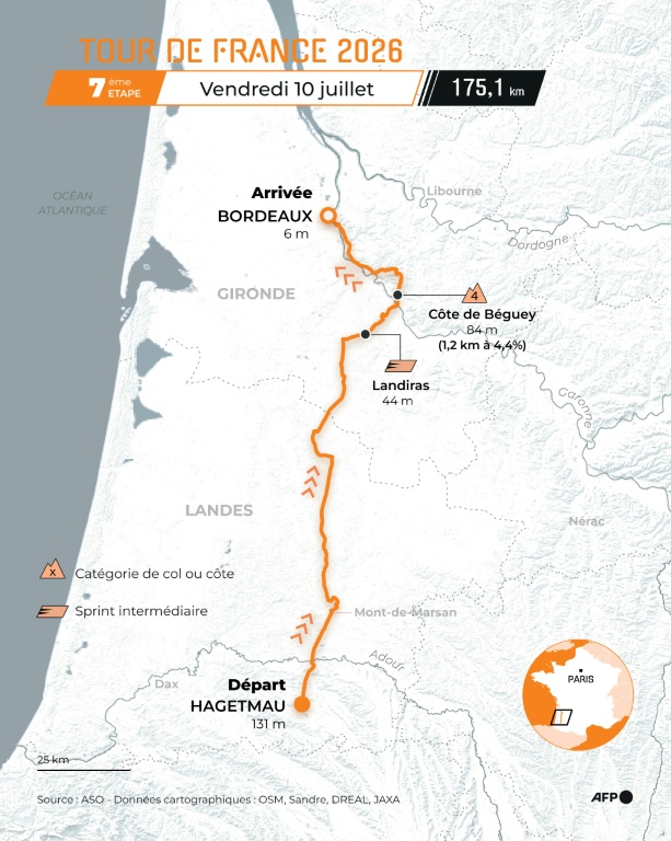 Carte de l'étape du Tour de France entre Hagetmau et Bordeaux.