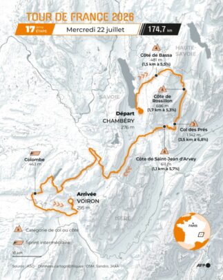 Carte de l'étape 17 du Tour de France 2026 entre Chambéry et Voiron.