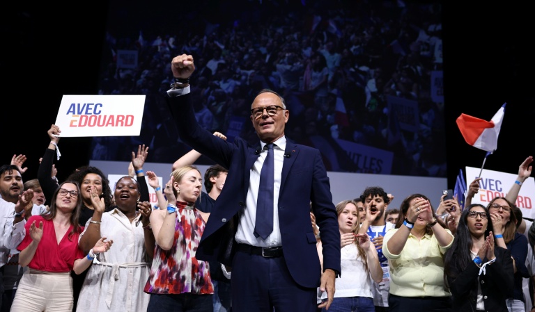 Edouard Philippe, président d'Horizons et candidat à la présidentielle, lors de son premier grand meeting de campagne à Paris, le 5 juillet 2026