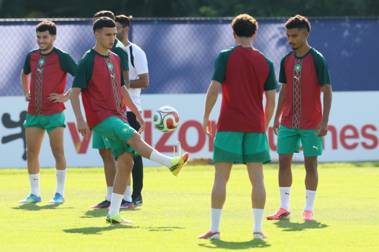 Les Marocains lors d'une séance d'entraînement à Foxborough, près de Boston, le 8 juillet 2026, à la veille d'affronter l'équipe de France