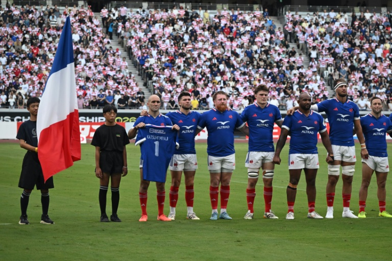 Le XV de France lors de leur victoire contre le Japon au Championnat des nations.
