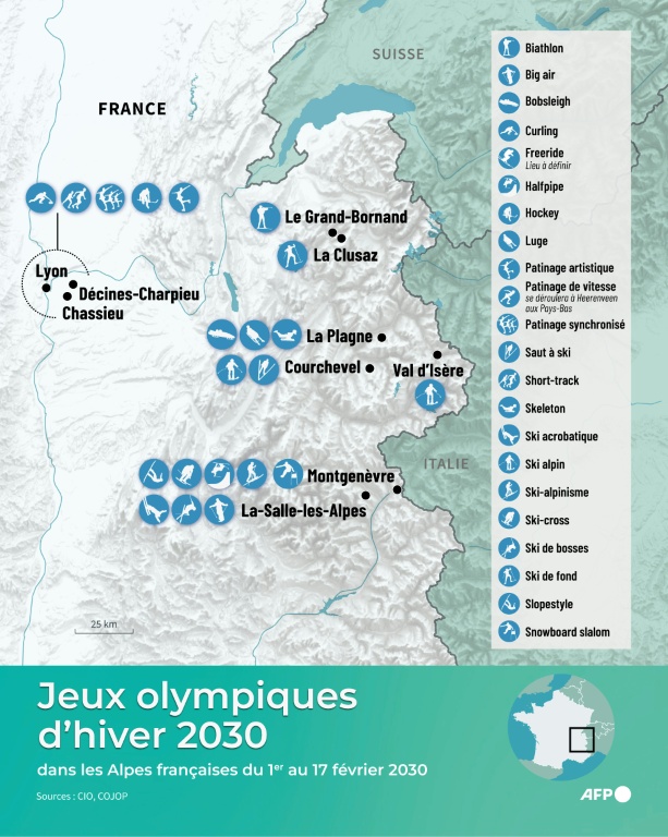 Carte des sites des Jeux olympiques d'hiver 2030 dans les Alpes françaises.