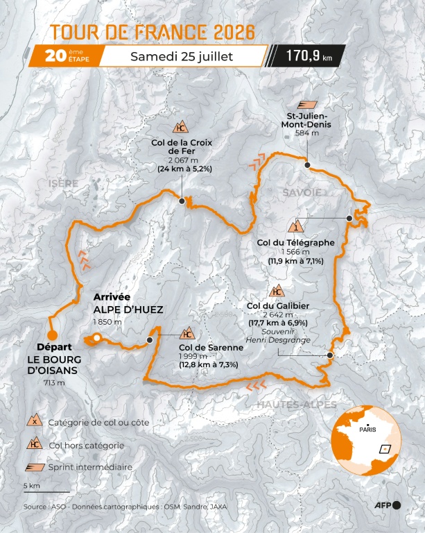 Carte du parcours du Tour de France 2026 avec l'étape vers l'Alpe d'Huez