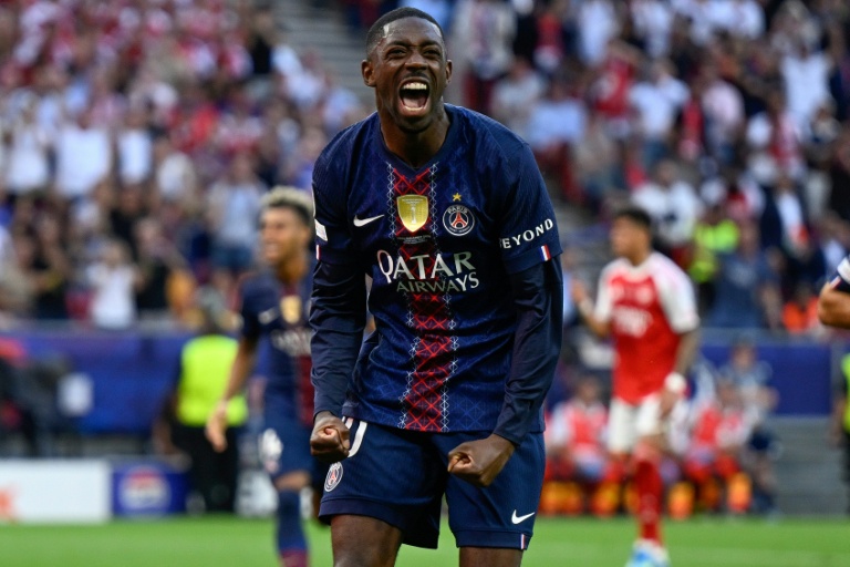 L'attaquant Ousmane Dembélé sous le maillot du Paris Saint-Germain, fêtant son égalisation en finale de la Ligue des Champions, finalement remportée aux tirs au but contre Arsenal, le 30 mai 2026 à Budapest