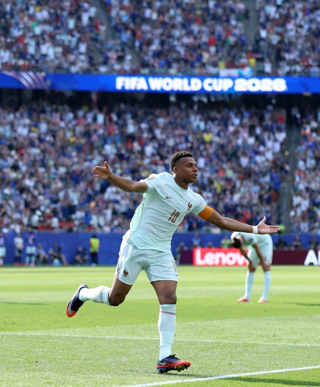 Kylian Mbappé auteur du premier but de l'équipe de France face au Maroc en quart de finale du Mondial le 9 juillet 2026 à Foxborough, dans le Massachusetts
