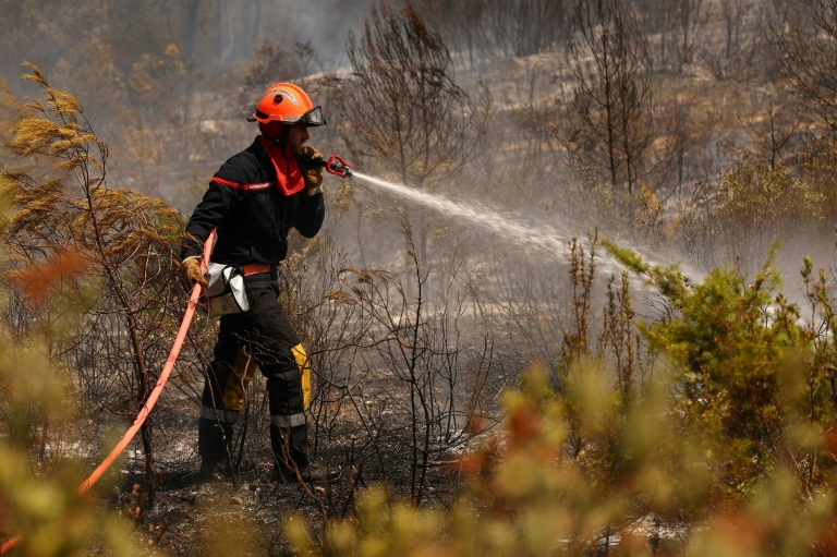 Un pompier arrose de la végétation brûlée à Cotignac, dans le Var, le 22 juillet 2026