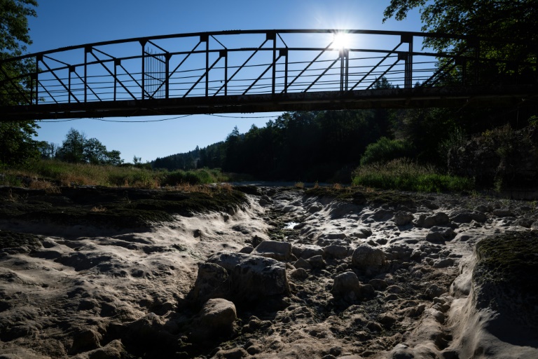 La rivière Doubs asséchée le 9 juillet 2026, à Maisons-du-Bois-Lièvremont, dans l'est de la France.