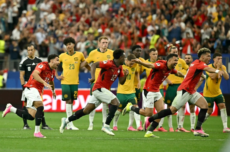 Les joueurs de l'Egypte célèbrent leur qualification pour les 8es de finale du Mondial, contre l'Australie le 3 juillet 2026 à Arlington