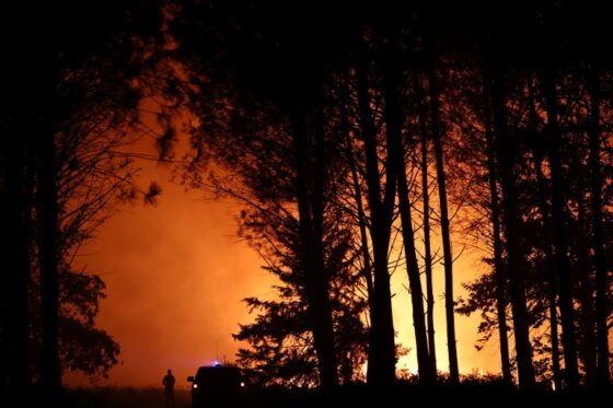 Incendie de forêt près de Luglon, dans les Landes, illuminant le ciel nocturne.