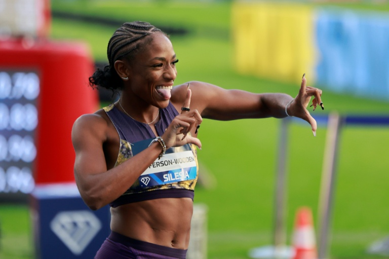 La joie de Melissa Jefferson-Wooden  après sa victoire au 100 m lors du meeting de Chorzow (Pologne) en Ligue de Diamant le 23 août 2026