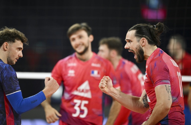 Antoine Brizard célébrant avec ses coéquipiers lors d'un match de volleyball