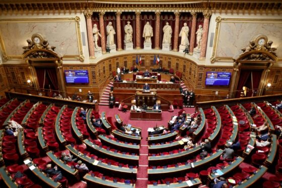 Vue de l'hémicycle du Sénat français pendant une session.